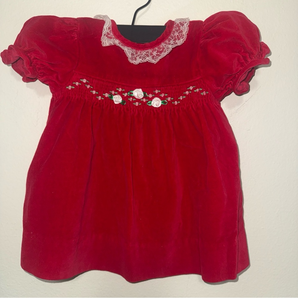 Vintage Velvet Embroidered Smocked Dress short sleeve red lace trim baby 6-9 m